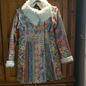 Johnny Was Colorful Floral Patchwork Jacket with Cream Fur